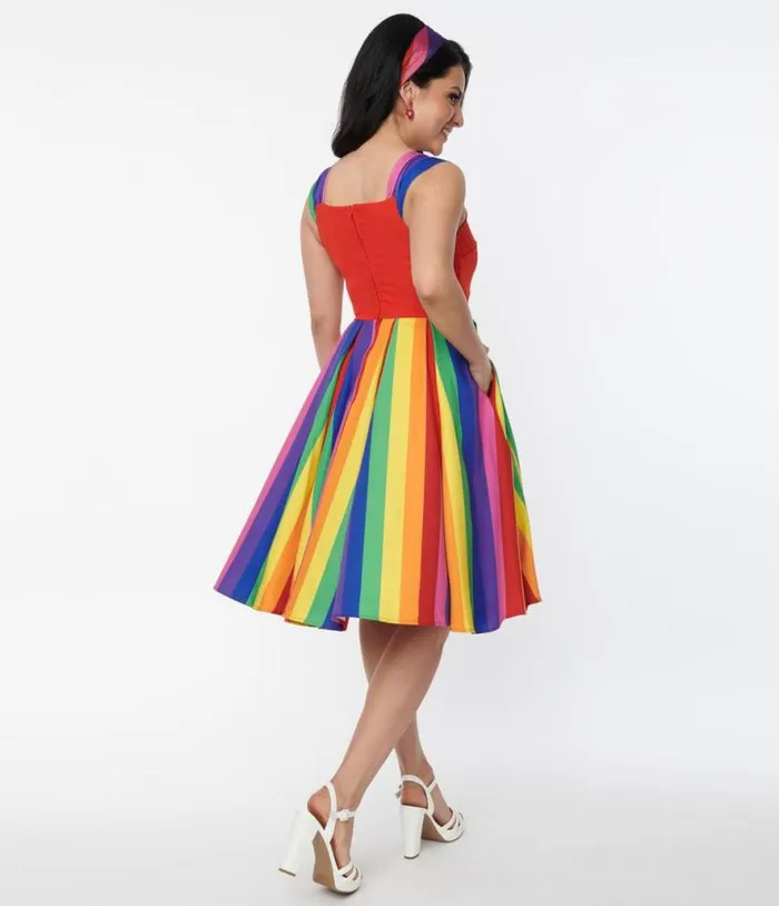 Red and Rainbow Stripe Swing Dress Dresses Unique Vintage Swing