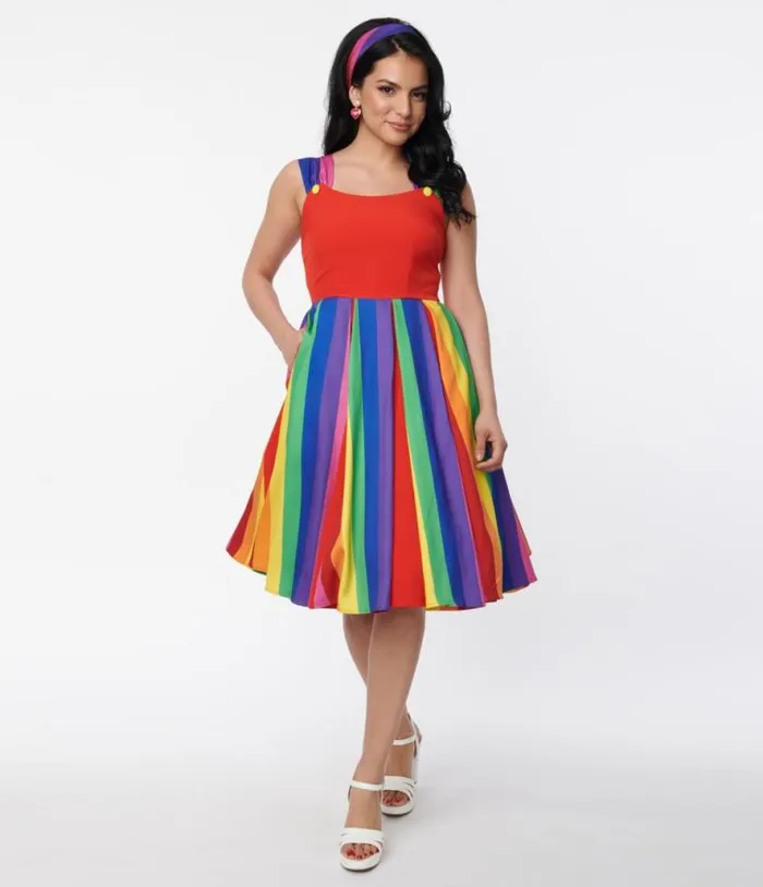 Red and Rainbow Stripe Swing Dress Dresses Unique Vintage Swing