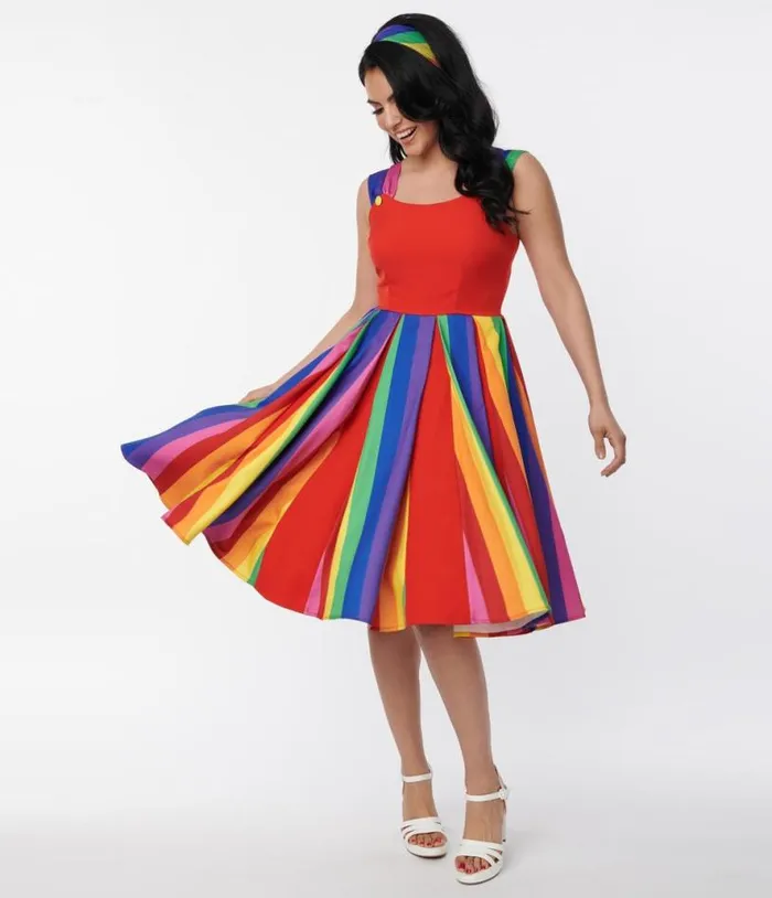 Red and Rainbow Stripe Swing Dress Dresses Unique Vintage Swing