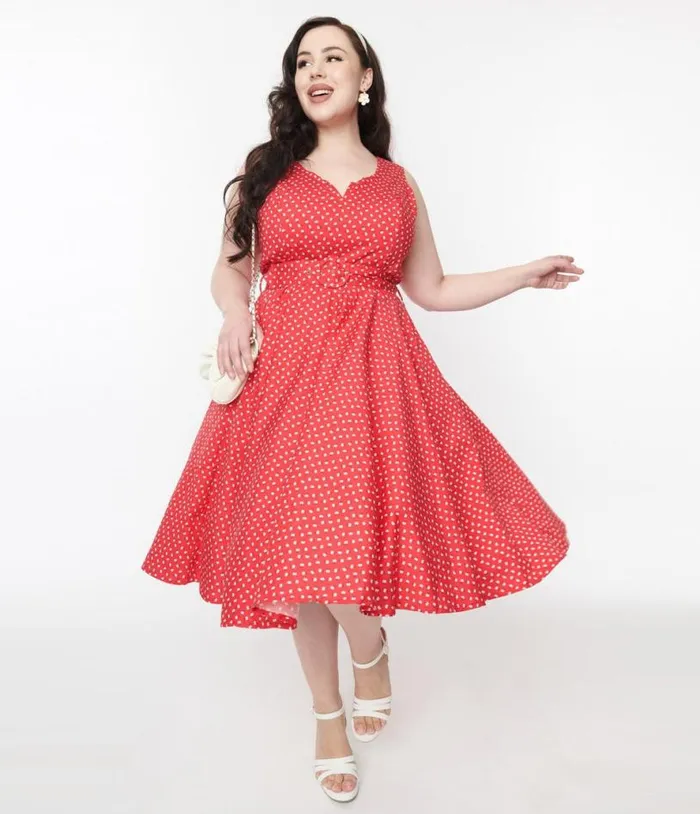 Red and White Floral Dot Belted Swing Dress Dresses Unique Vintage Pocket Dresses Red and White Floral Dot Belted Swing Dress Dresses Unique Vintage Pocket Dresses