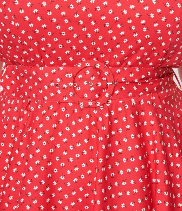 Red and White Floral Dot Belted Swing Dress Dresses Unique Vintage Pocket Dresses