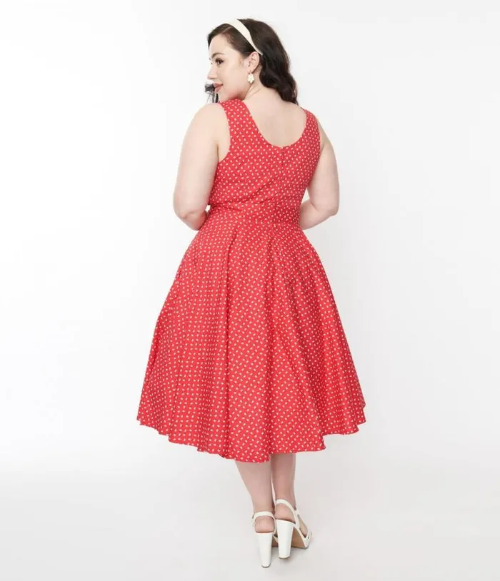 Red and White Floral Dot Belted Swing Dress Dresses Unique Vintage Pocket Dresses