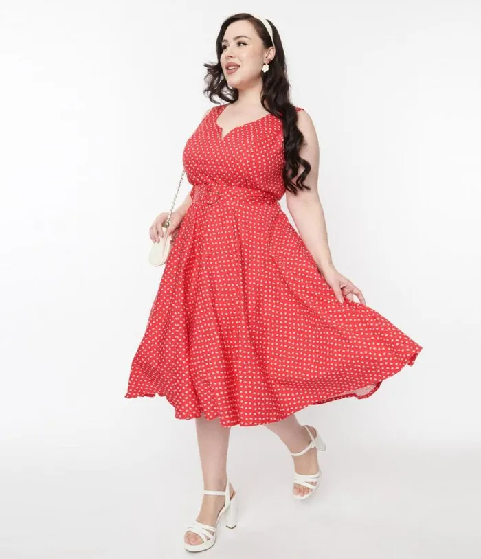 Red and White Floral Dot Belted Swing Dress Dresses Unique Vintage Pocket Dresses