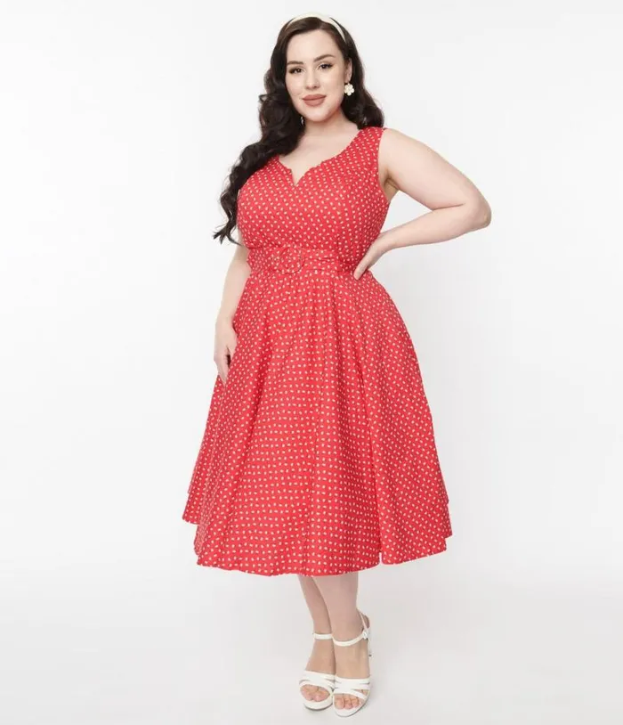 Red and White Floral Dot Belted Swing Dress Dresses Unique Vintage Pocket Dresses