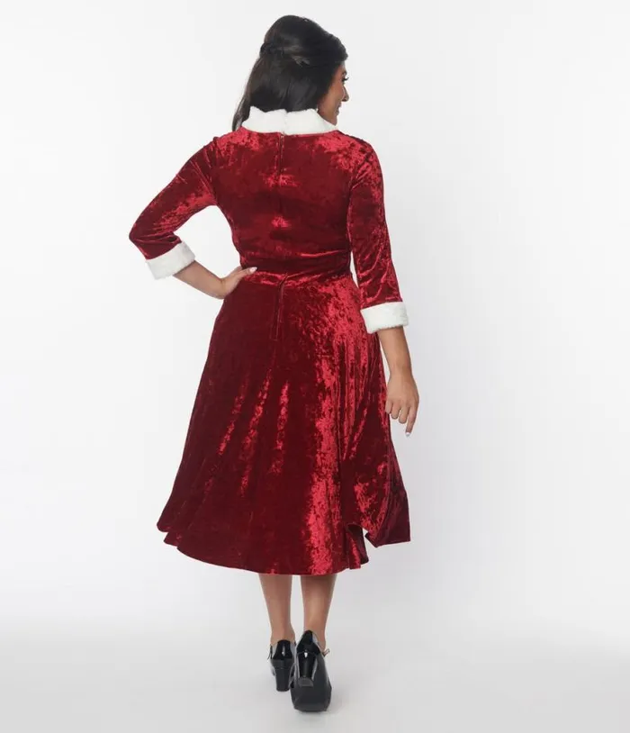Red Crushed Velvet and Ivory Fur Delores Swing Dress DressesPlus Unique Vintage Swing