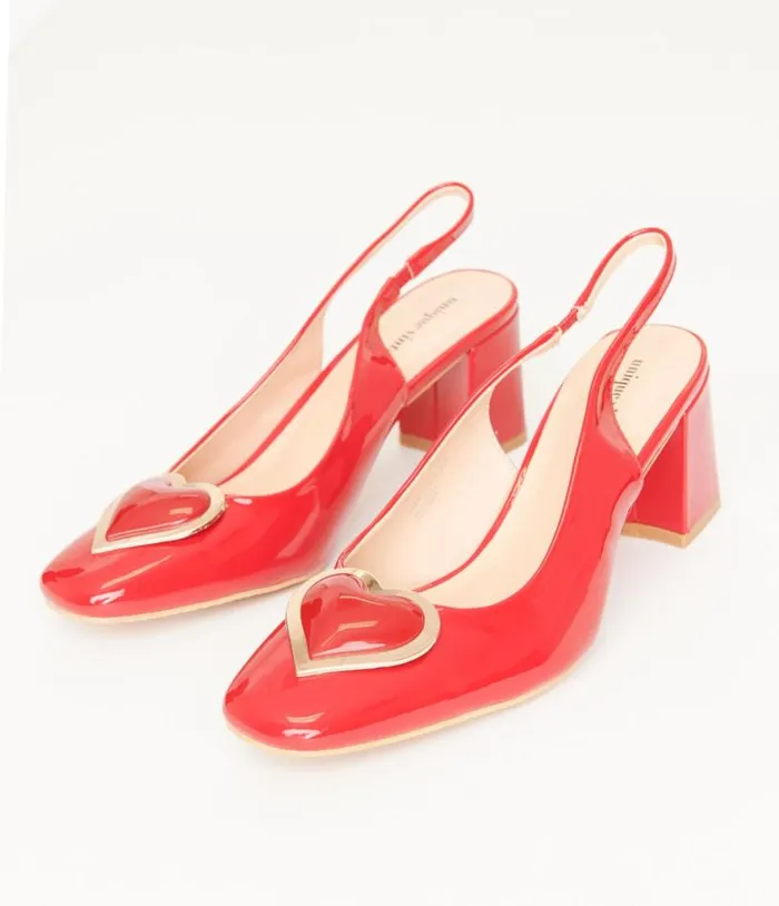 Red Heart Leatherette Slingback Heels Shoes Unique Vintage Heels