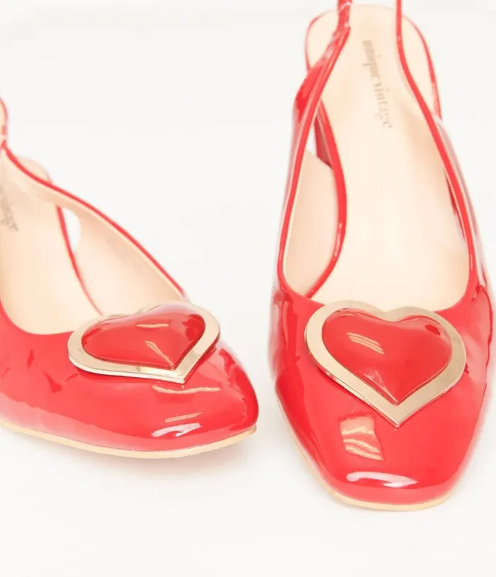 Red Heart Leatherette Slingback Heels Shoes Unique Vintage Heels