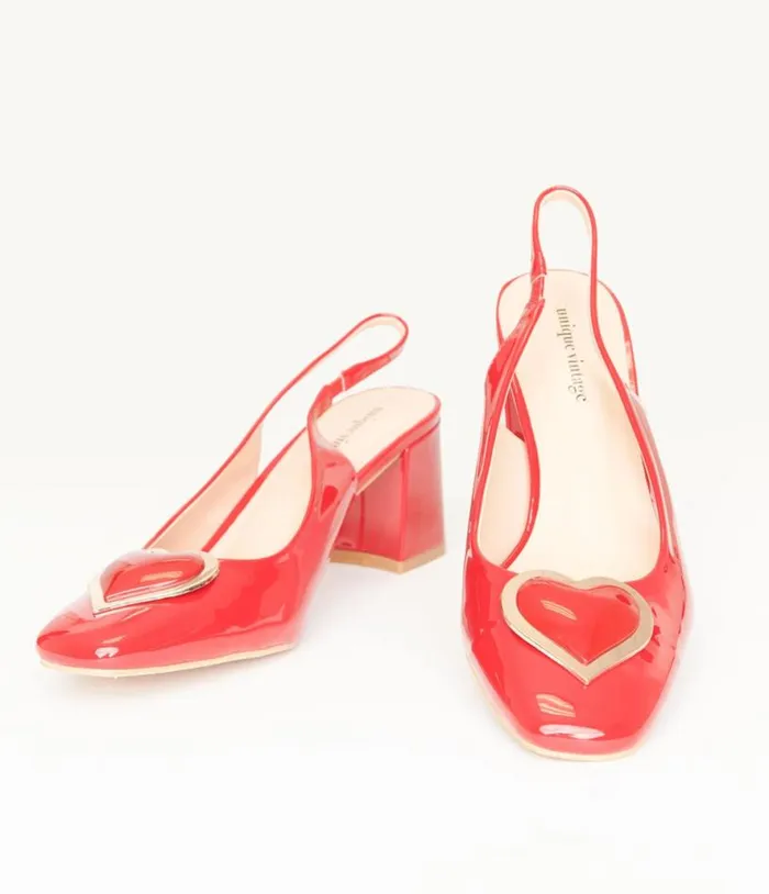 Red Heart Leatherette Slingback Heels Shoes Unique Vintage Heels