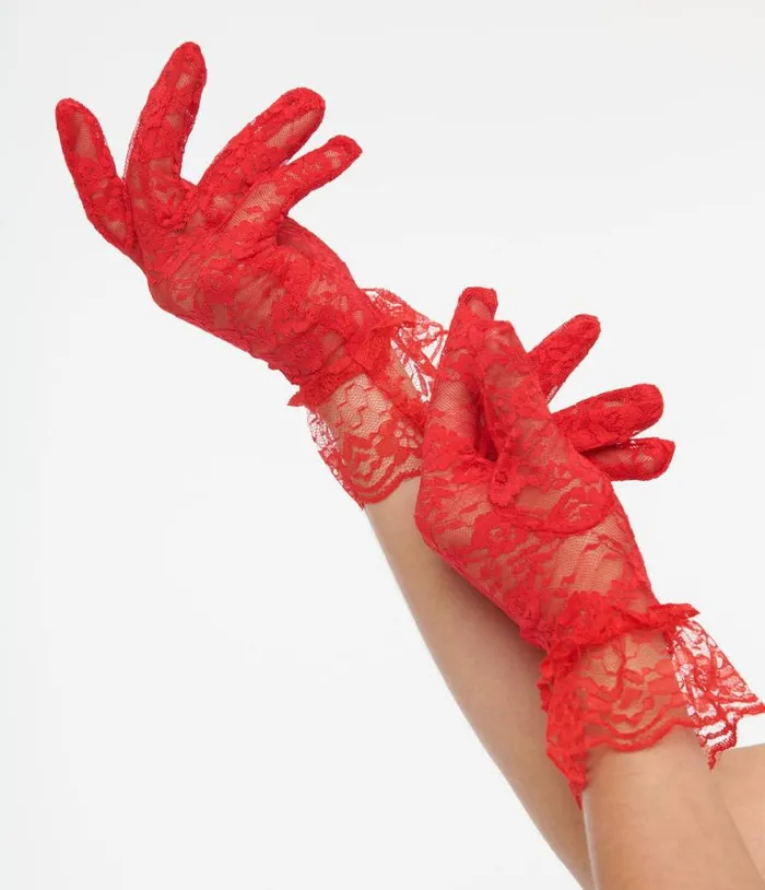 Red Lace Ruffle Gloves Accessories Unique Vintage Gloves and Scarves