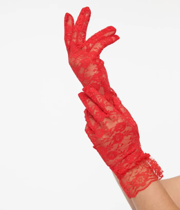 Red Lace Ruffle Gloves Accessories Unique Vintage Gloves and Scarves
