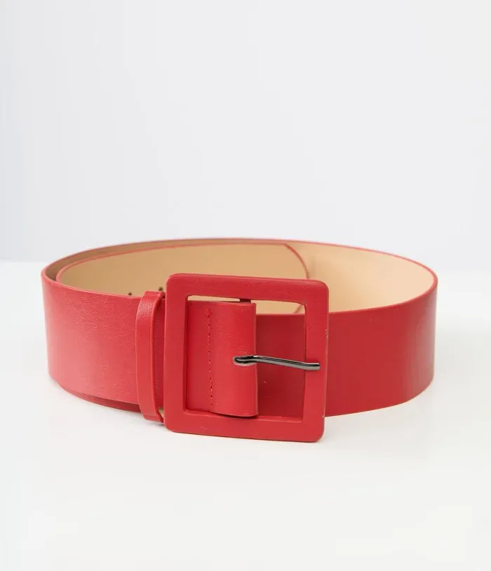 Red Leatherette Wide Square Belt Accessories Unique Vintage Belts