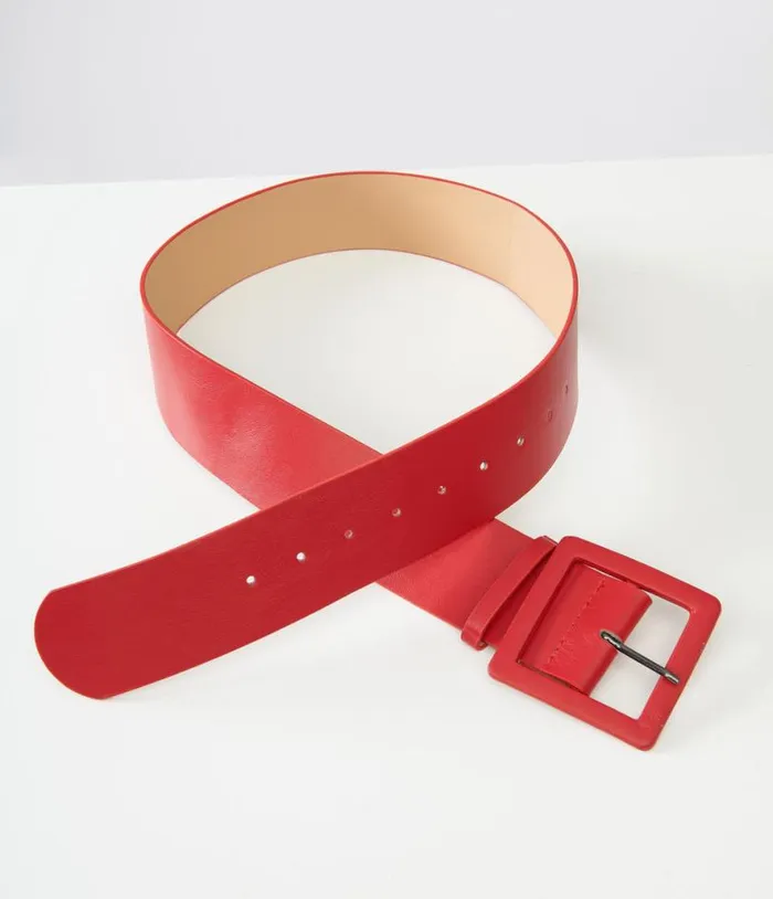 Red Leatherette Wide Square Belt Accessories Unique Vintage Belts