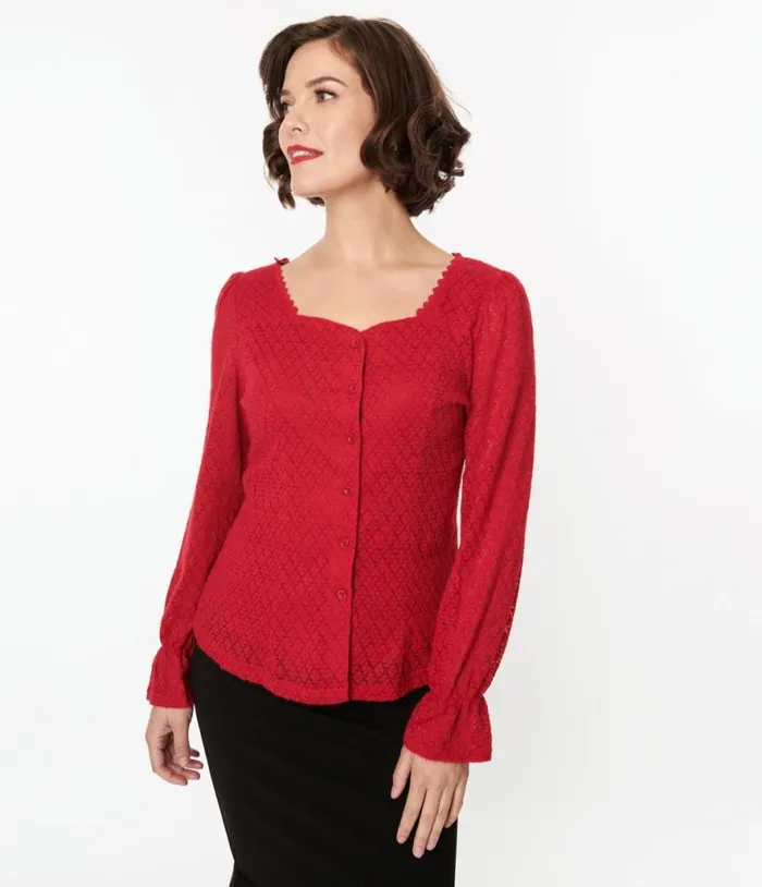 Red Perforated Diamond Knit Cardigan Clothing Unique Vintage Sweaters and Cardigans
