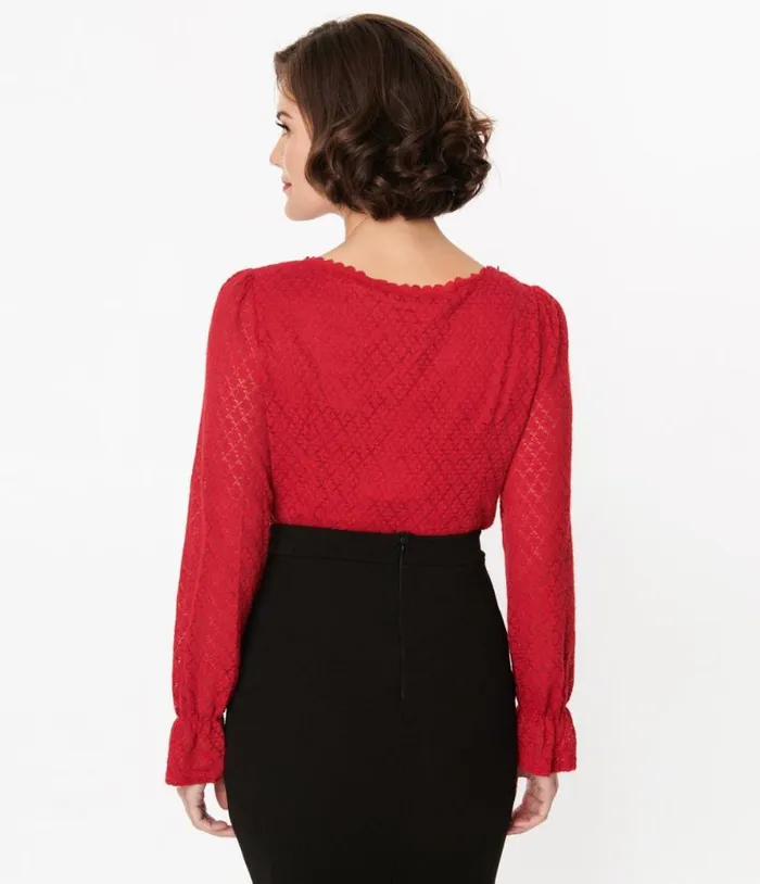Red Perforated Diamond Knit Cardigan Clothing Unique Vintage Sweaters and Cardigans