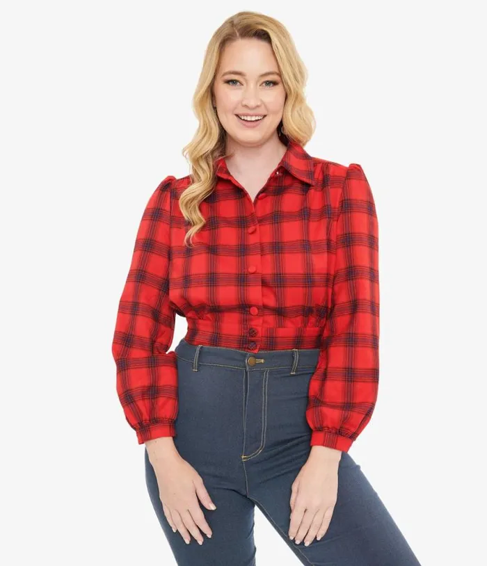 Red Plaid Rosie Bomber Jacket Clothing Unique Vintage Coats and Jackets