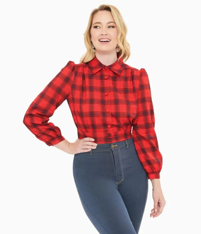 Red Plaid Rosie Bomber Jacket Clothing Unique Vintage Coats and Jackets