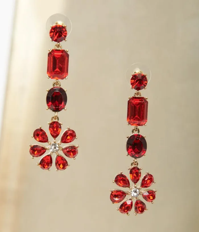 Red Rhinestone Floral Drop Earrings Accessories Unique Vintage Earrings