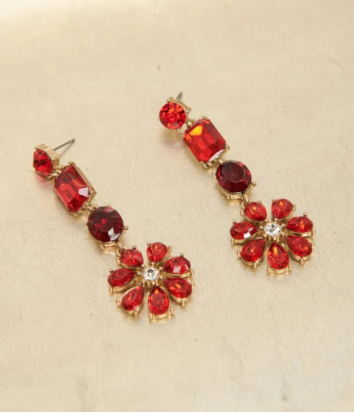 Red Rhinestone Floral Drop Earrings Accessories Unique Vintage Earrings