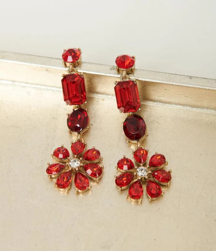 Red Rhinestone Floral Drop Earrings Accessories Unique Vintage Earrings