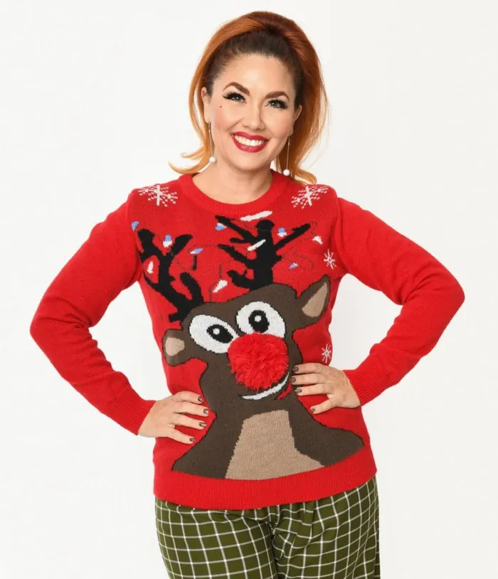 Red Rudolph Holiday Sweater ClothingPlus Unique Vintage Sweaters and Cardigans