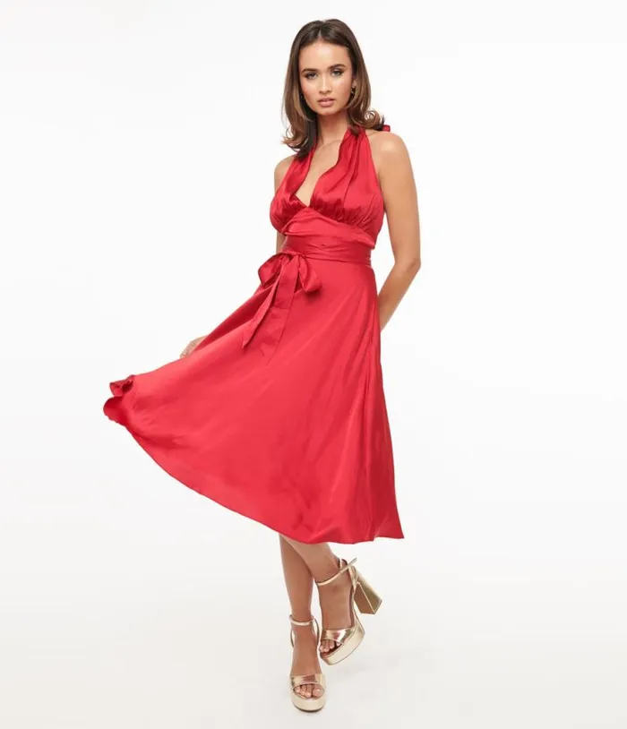 Red Satin Halter Swing Dress Dresses Unique Vintage Pocket Dresses