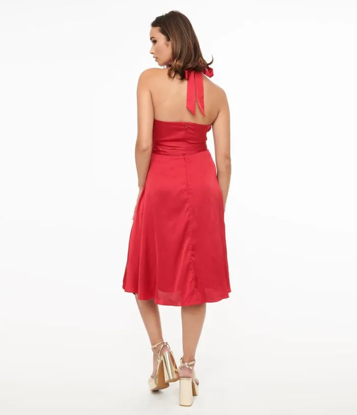 Red Satin Halter Swing Dress Dresses Unique Vintage Pocket Dresses