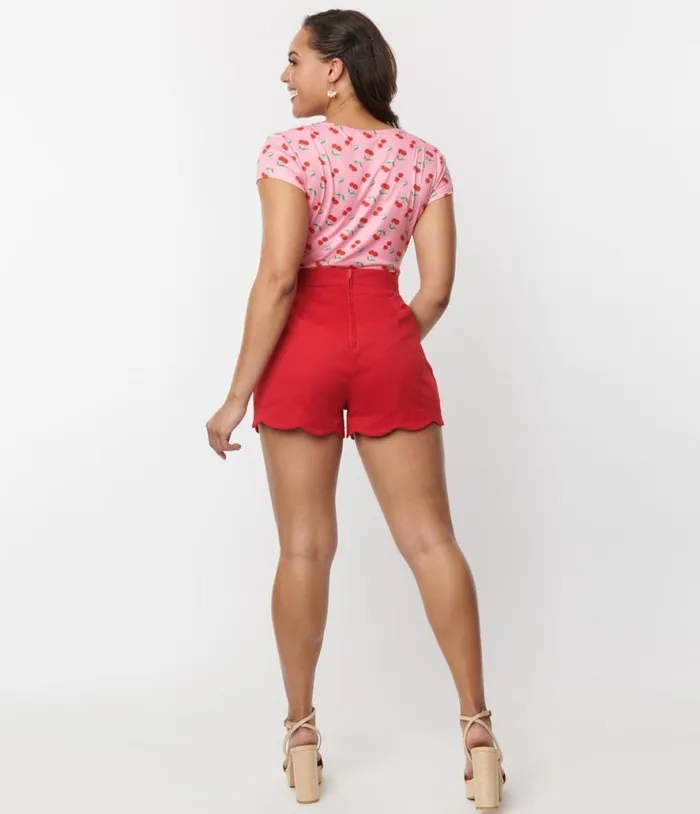 Red Scallop Shorts Clothing Unique Vintage Shorts