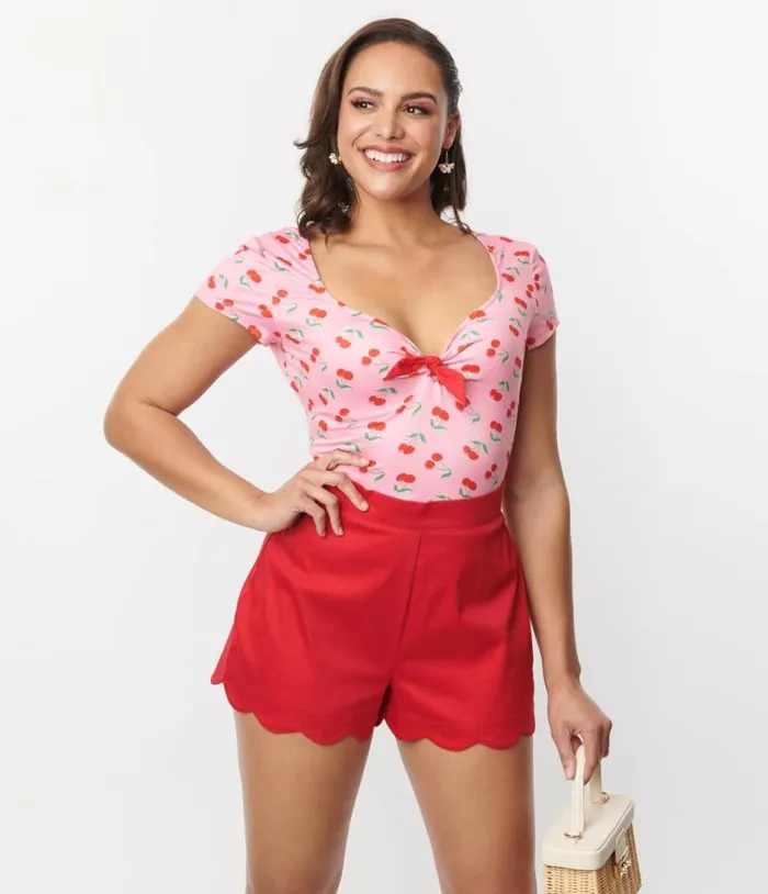 Red Scallop Shorts Clothing Unique Vintage Shorts