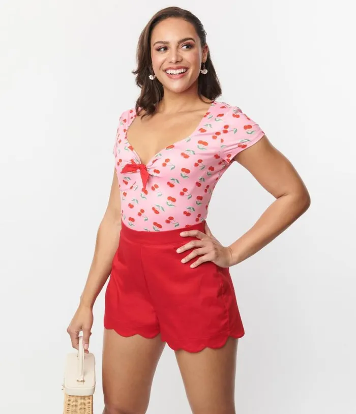 Red Scallop Shorts Clothing Unique Vintage Shorts