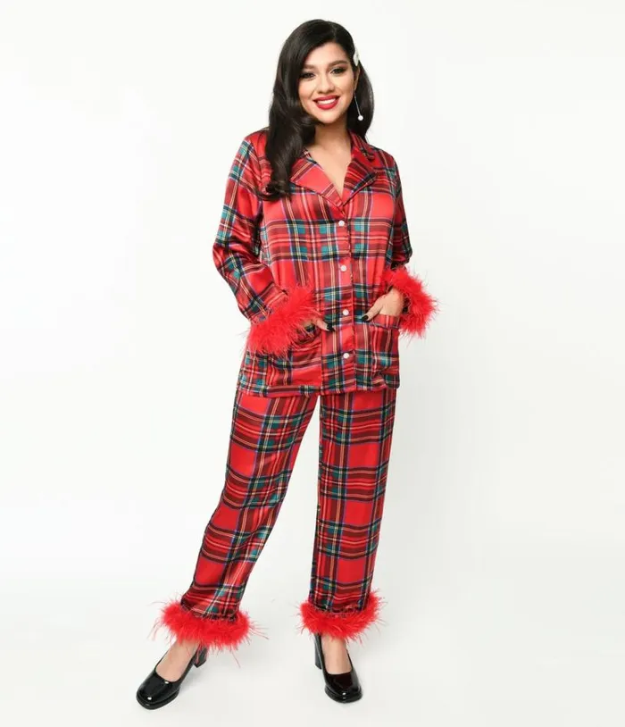 Red Tartan and Feather Trim Pajama Set Accessories Unique Vintage Lingerie and Shapewear Red Tartan and Feather Trim Pajama Set Accessories Unique Vintage Lingerie and Shapewear