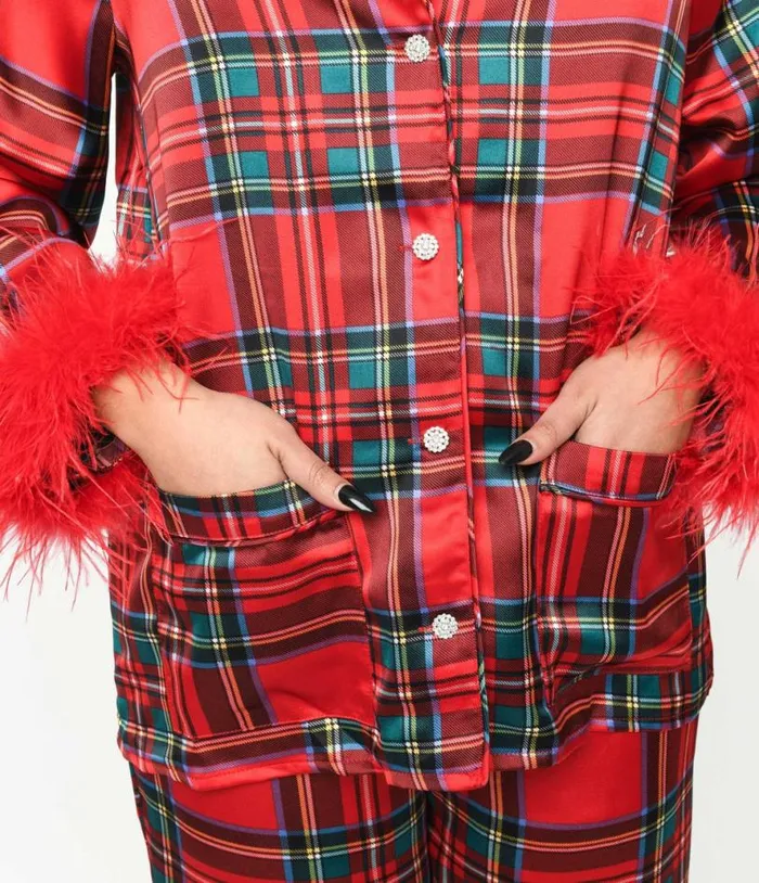 Red Tartan and Feather Trim Pajama Set Accessories Unique Vintage Lingerie and Shapewear