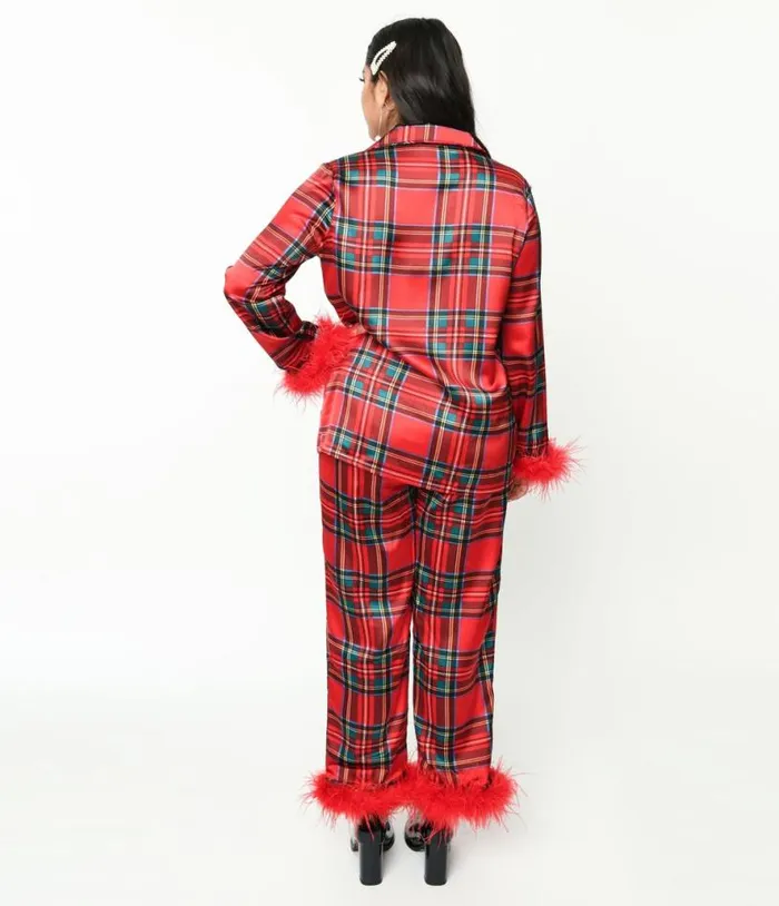 Red Tartan and Feather Trim Pajama Set Accessories Unique Vintage Lingerie and Shapewear