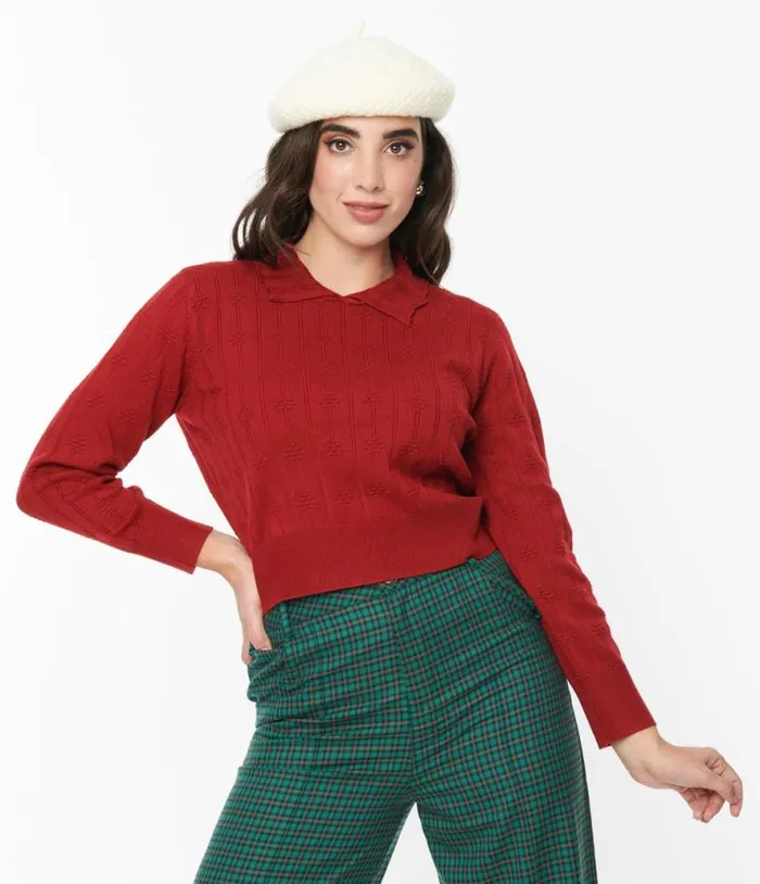 Red Textured Collared Knit Sweater ClothingPlus Unique Vintage Sweaters and Cardigans Red Textured Collared Knit Sweater ClothingPlus Unique Vintage Sweaters and Cardigans