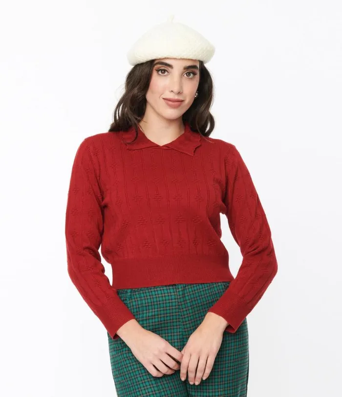 Red Textured Collared Knit Sweater ClothingPlus Unique Vintage Sweaters and Cardigans