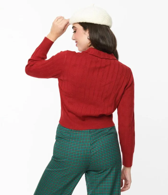 Red Textured Collared Knit Sweater ClothingPlus Unique Vintage Sweaters and Cardigans