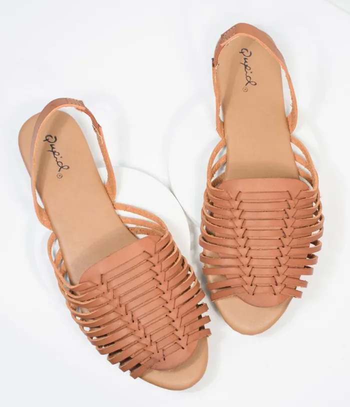 Retro Brown Woven Leatherette Sandal Shoes Unique Vintage Flats