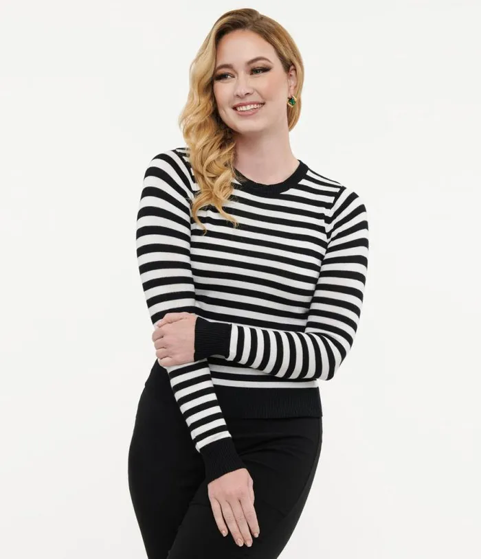 Retro Style Black and White Stripe Long Sleeve Knit Sweater Top Clothing Unique Vintage Sweaters and Cardigans Retro Style Black and White Stripe Long Sleeve Knit Sweater Top Clothing Unique Vintage Sweaters and Cardigans