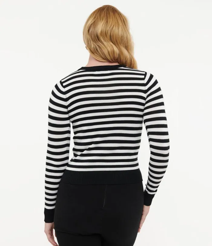 Retro Style Black and White Stripe Long Sleeve Knit Sweater Top Clothing Unique Vintage Sweaters and Cardigans