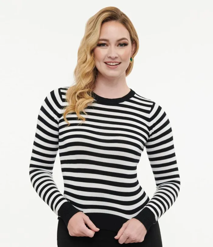 Retro Style Black and White Stripe Long Sleeve Knit Sweater Top Clothing Unique Vintage Sweaters and Cardigans