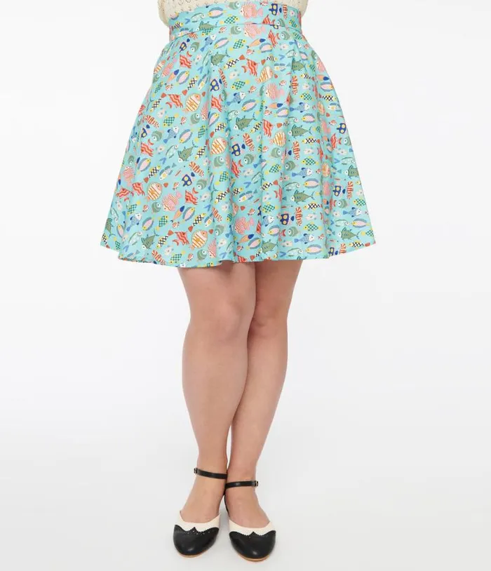 Retrolicious 1950s Blue and Multicolor Fish Print Cotton Skater Skirt DressesClothing Unique Vintage Skirts