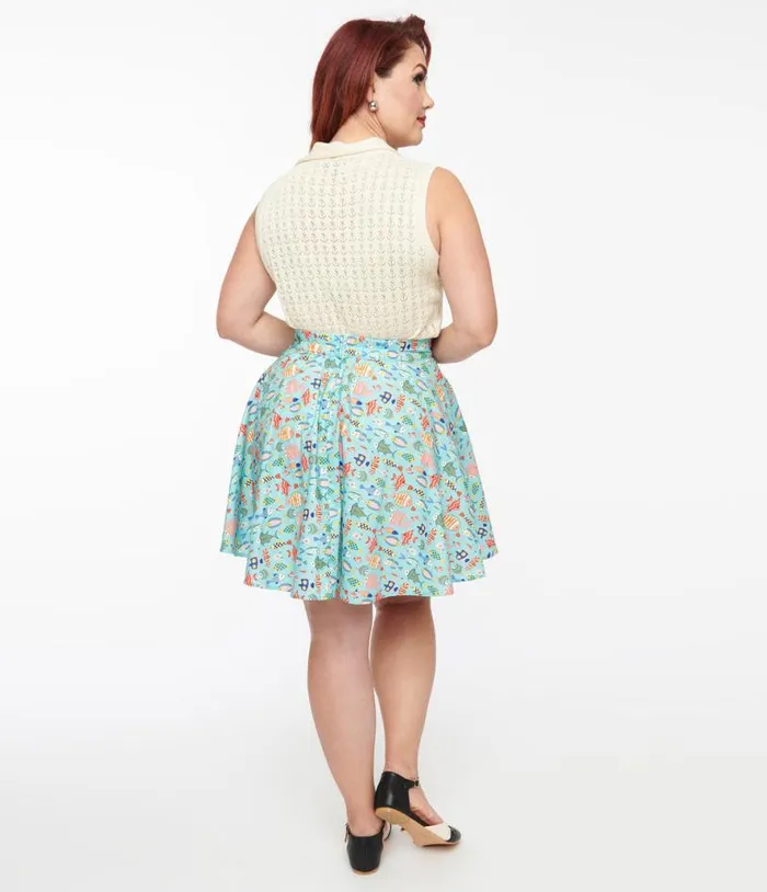 Retrolicious 1950s Blue and Multicolor Fish Print Cotton Skater Skirt DressesClothing Unique Vintage Skirts