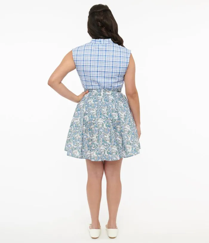 Retrolicious 1950s Blue and White Bunny Print Cotton Skater Skirt DressesClothing Unique Vintage Skirts