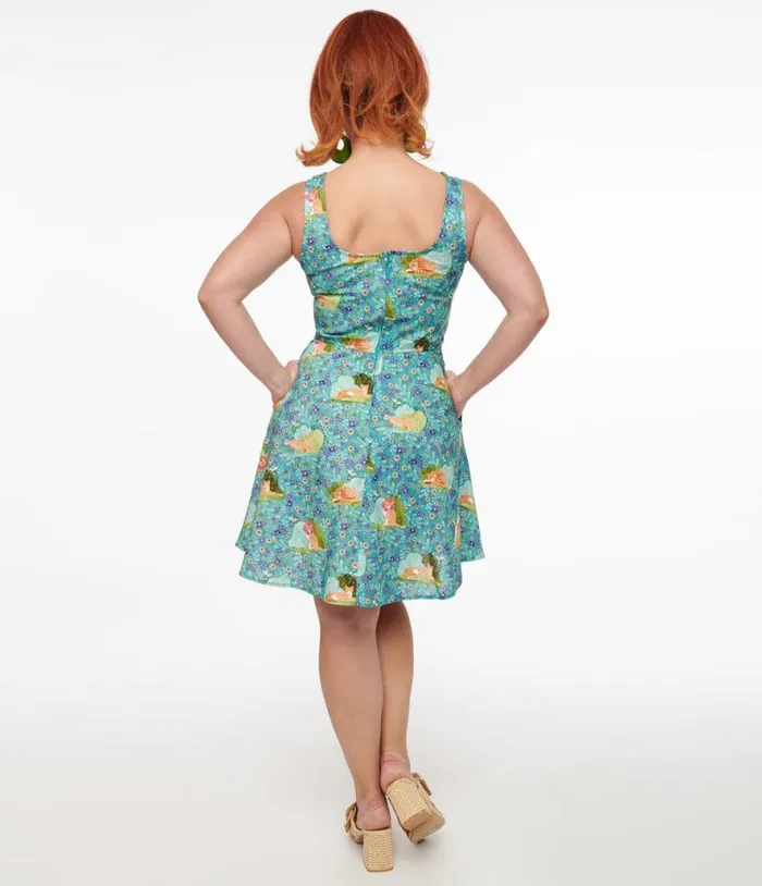 Retrolicious 1950s Blue Cat Leaf Print Cotton Skater Dress Dresses Unique Vintage Pocket Dresses