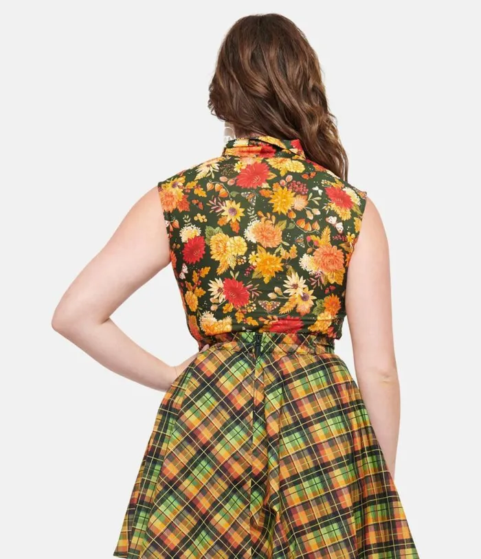 Retrolicious 1950s Dark Green Autumn Floral Cotton Bow Top Clothing Unique Vintage Blouses