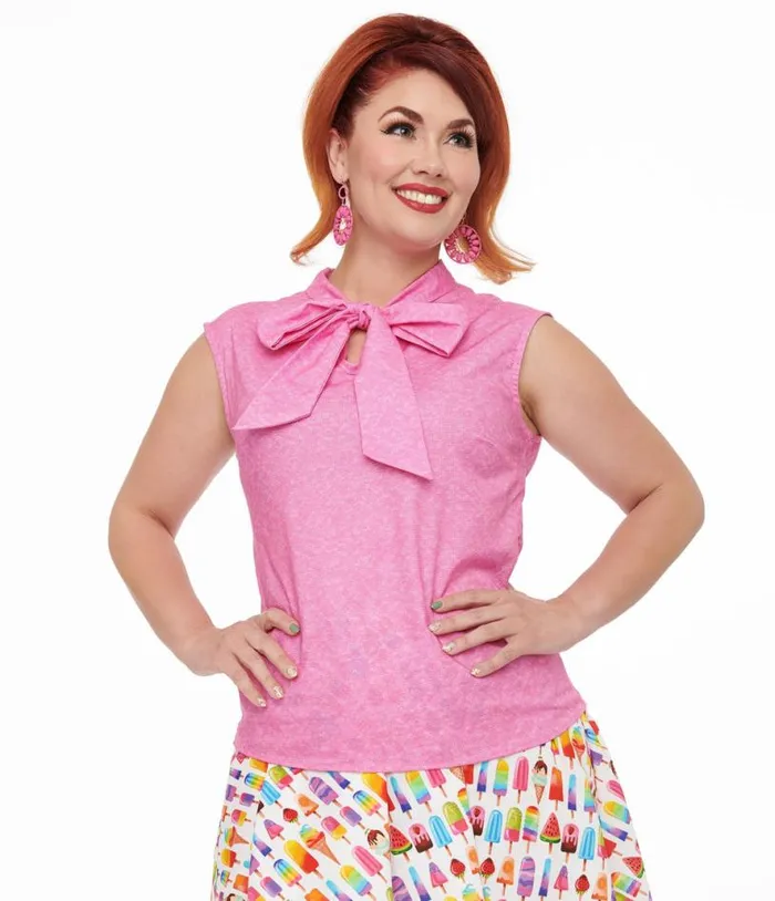 Retrolicious 1950s Hot Pink Cotton Bow Top Clothing Unique Vintage Blouses