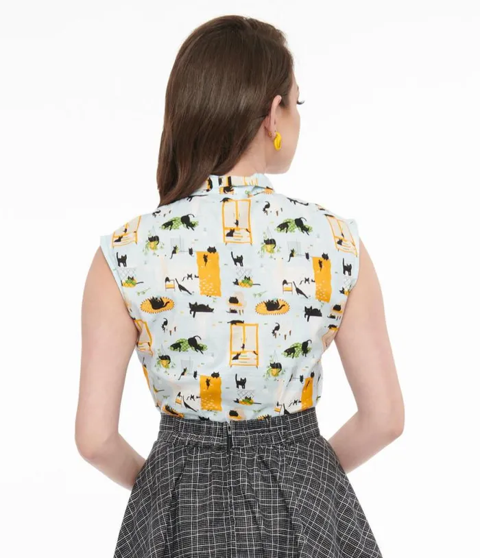 Retrolicious 1950s Light Blue Cat Print Cotton Bow Top Clothing Unique Vintage Blouses