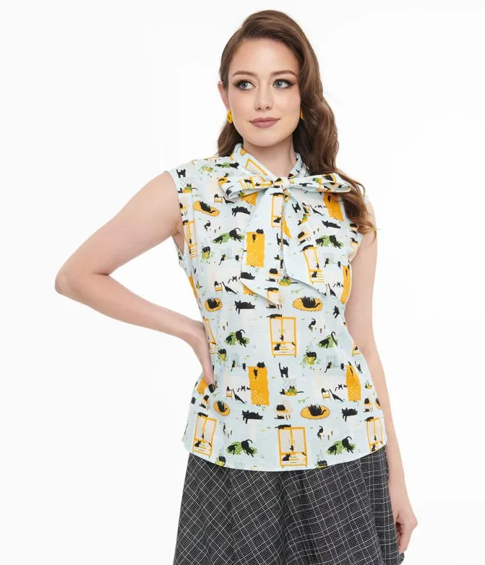 Retrolicious 1950s Light Blue Cat Print Cotton Bow Top Clothing Unique Vintage Blouses