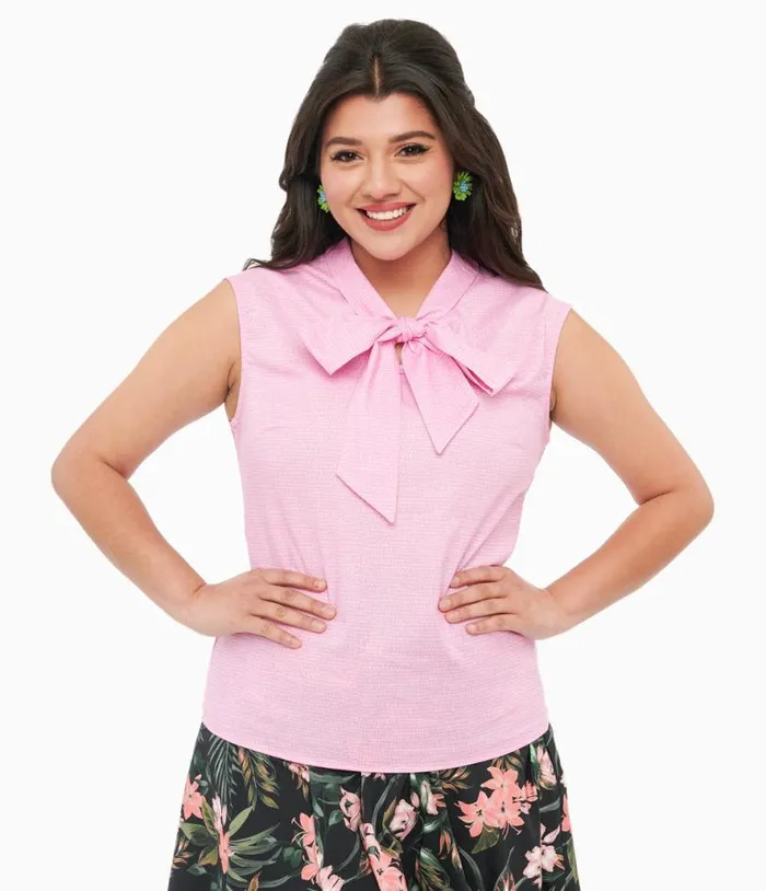 Retrolicious 1950s Pink and White Polka Dot Cotton Bow Top Clothing Unique Vintage Blouses