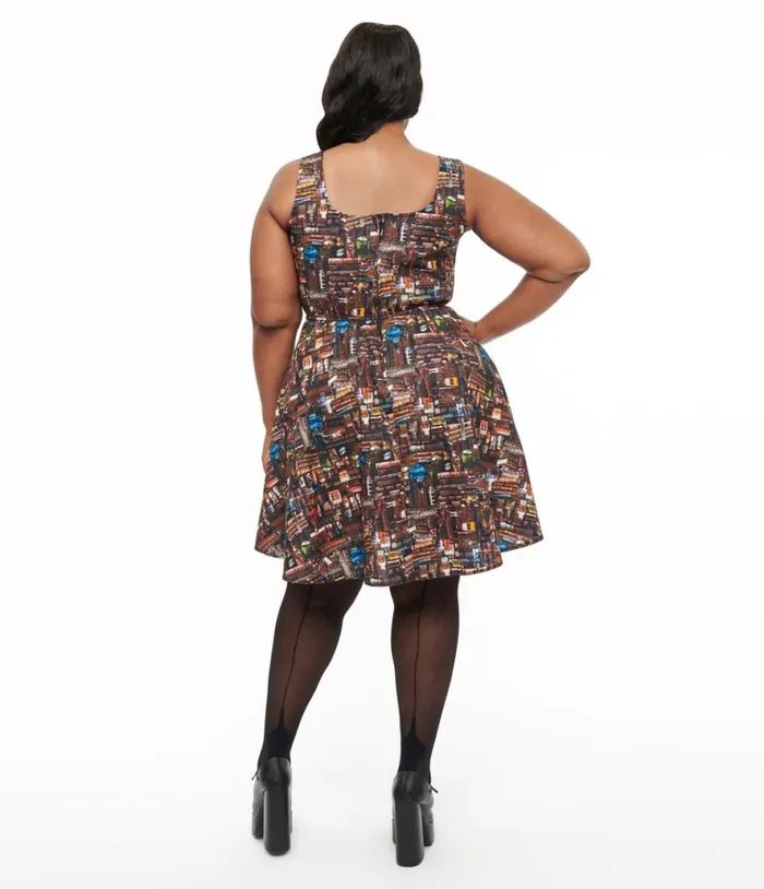 Retrolicious 1950s Plus Size Black Book Print Fit and Flare Dress DressesHalloween Unique Vintage Dresses