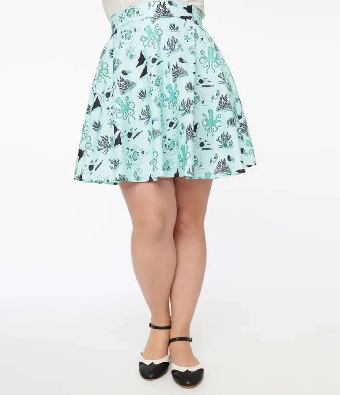 Retrolicious 1950s Teal Sea Print Cotton Skater Skirt DressesClothing Unique Vintage Skirts